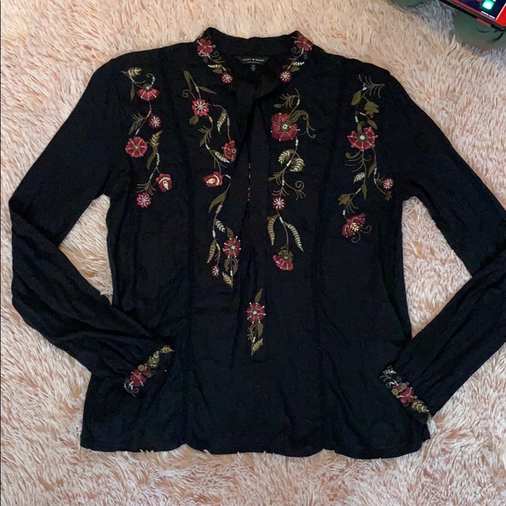 Lucky brand embroidered tie neck top